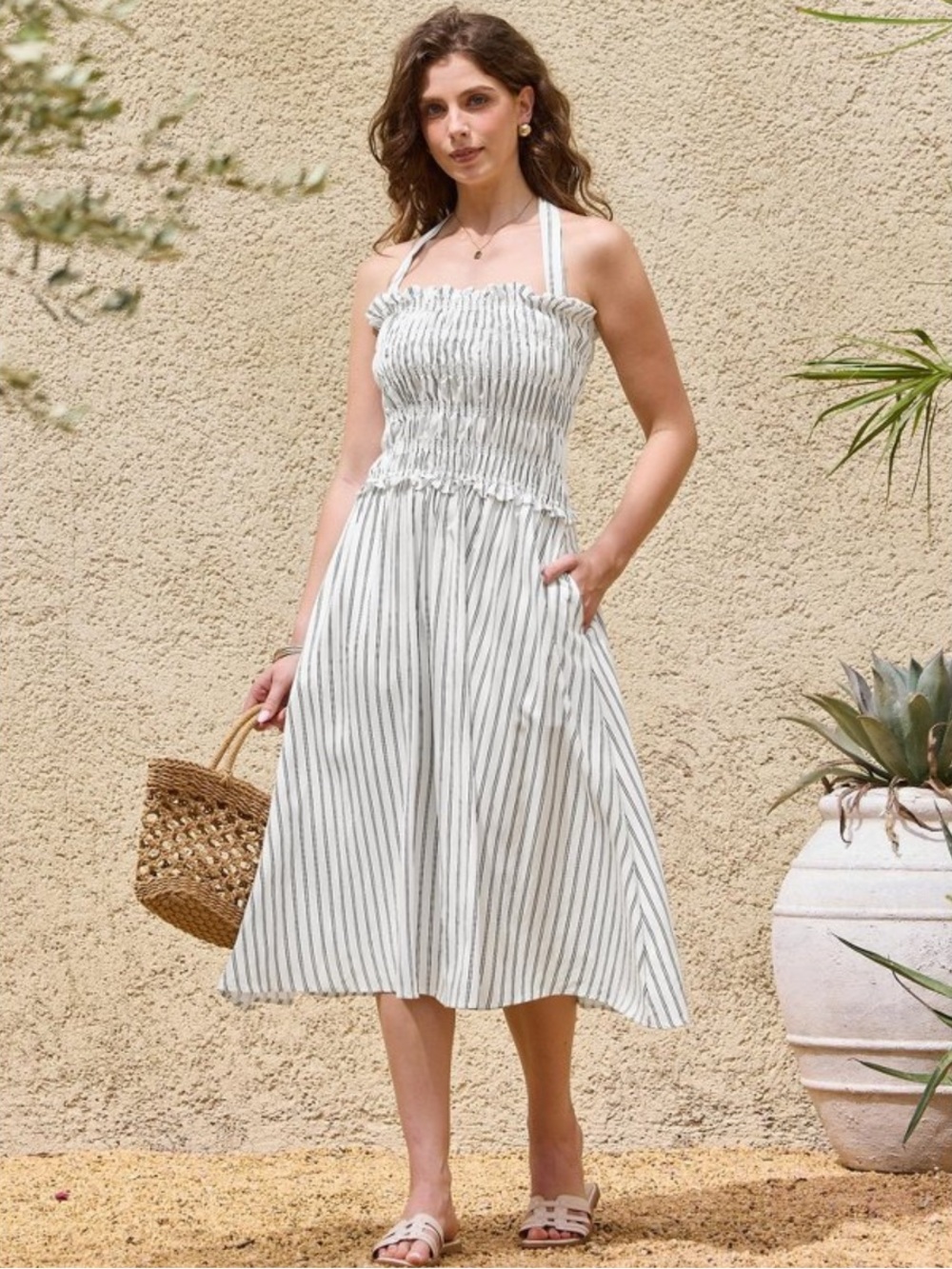 INSPIRE CHIC Women's Halter Neck Summer Smocked Striped Midi Dresses Small White